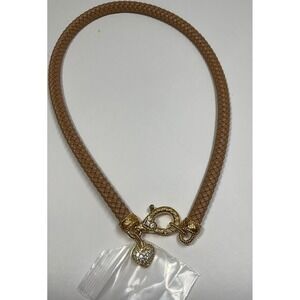 Judith Ripka Braided Leather Heart Charm Necklace Gold Tone Crystal Pave Tan 15